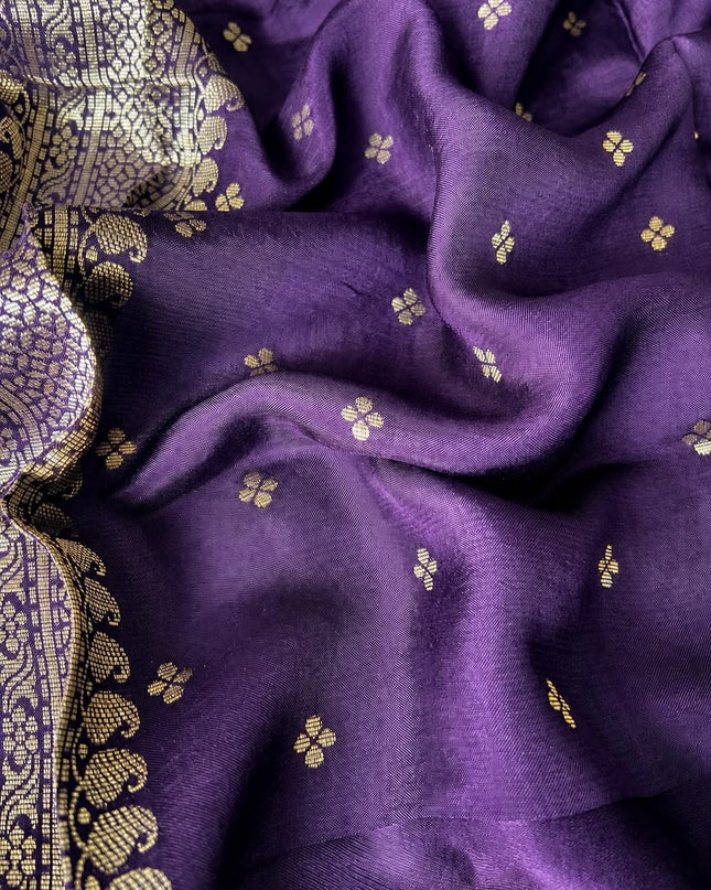 Kota Silk saree with Golden Buttes and Satin Borer Floral Print -  Purple