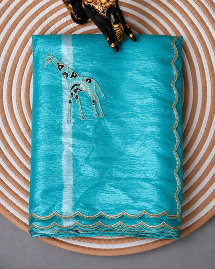 Soft  Orznga  Saree With Applique work and scallop Border- Sky Blue