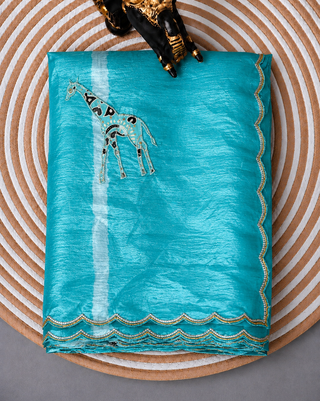 Soft  Orznga  Saree With Applique work and scallop Border- Sky Blue