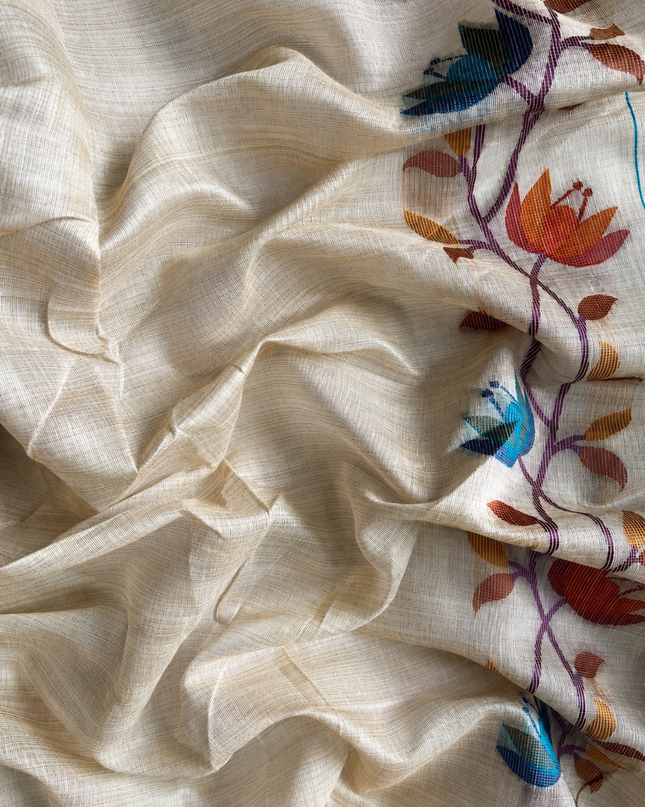 Jamdani saree with Allover Floral Design with Tassels -  Cream & Rust