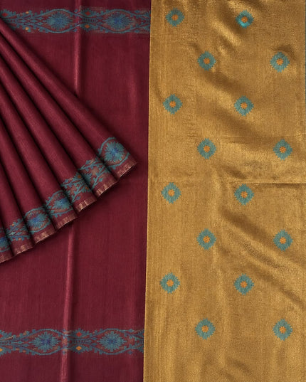 Tusser Silk Saree  With Thread Weaving Butties  With Golden Border-  Maroon