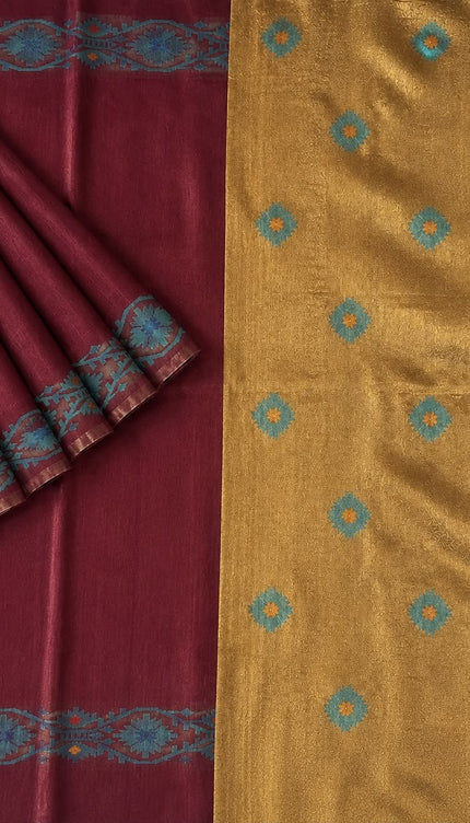 Tusser Silk Saree  With Thread Weaving Butties  With Golden Border-  Maroon