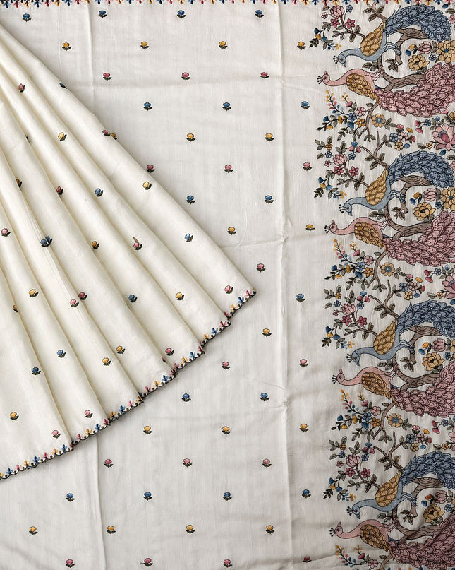Tusser Saree With Thread Embroidery  Buttes and Scallop Border - Off White