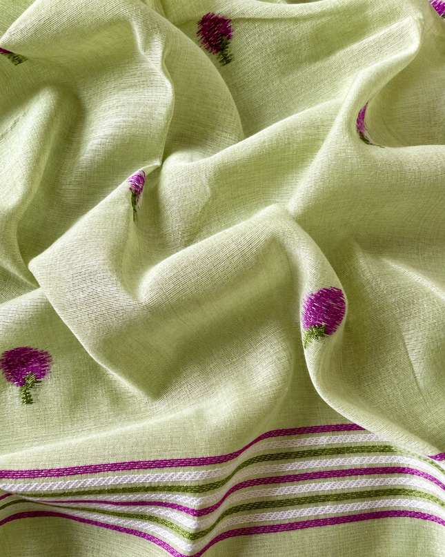 Chanderi Saree with Self Weaving Floral Design - Green