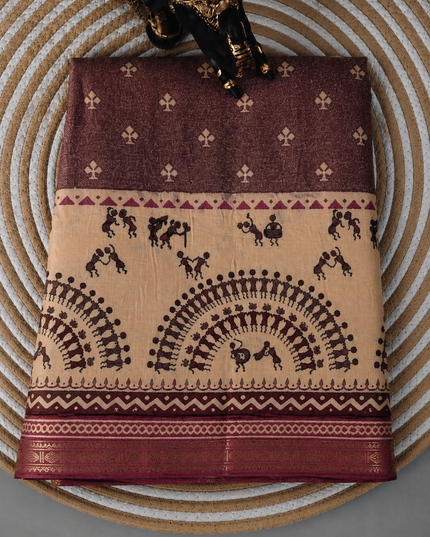 Munga Silk Saree With Floral Print and Kalmkari Border - purple