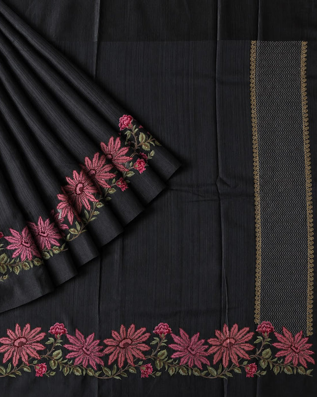 Jute Tusser Silk Saree With Cross Stich Work Border- Black
