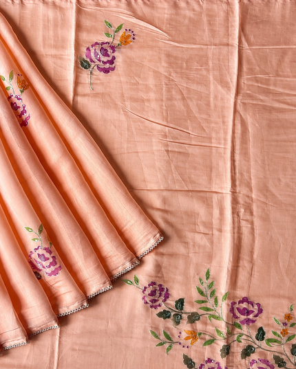 Mul  chanderi saree with  Foral Print and  Ari Work Pearl Border - Peach
