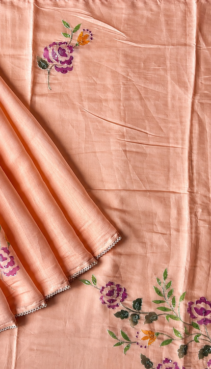 Mul  chanderi saree with  Foral Print and  Ari Work Pearl Border - Peach