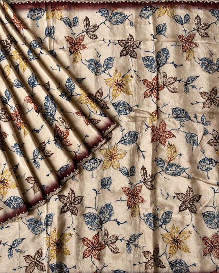 Crepe Saree With leaf Print and Sequence Work and Karahan Work Border- Beige