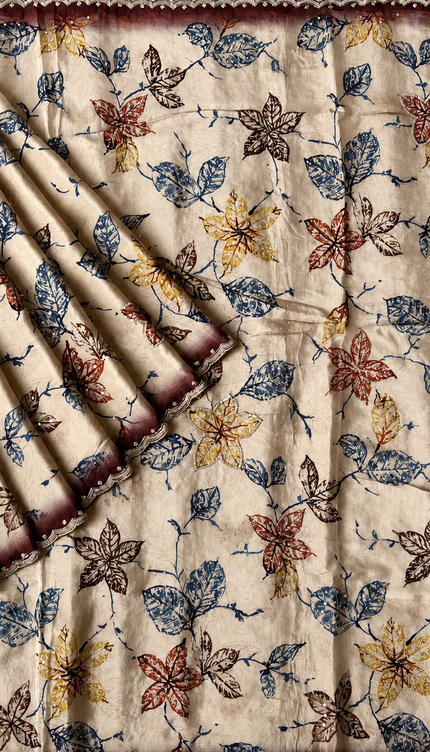 Crepe Saree With leaf Print and Sequence Work and Karahan Work Border- Beige