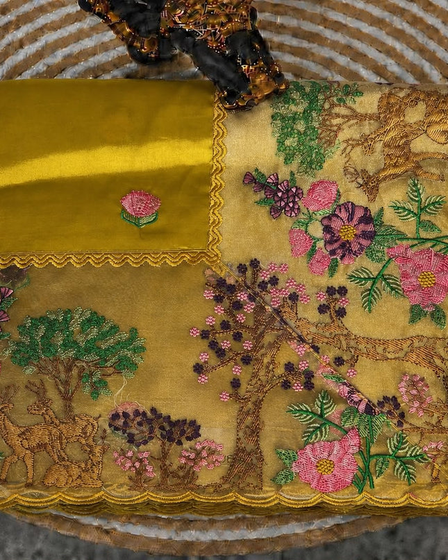 Dupion Saree with Thread Work and Scallop  Kora Border - Mustard