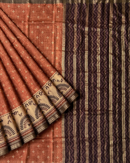 Munga Silk Saree With Floral Print and Kalmkari Border -  Peach