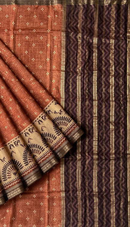 Munga Silk Saree With Floral Print and Kalmkari Border -  Peach