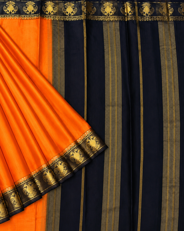 Mysore Silk sarees with  Gandaberunda Design  Contrast  Border -Orange