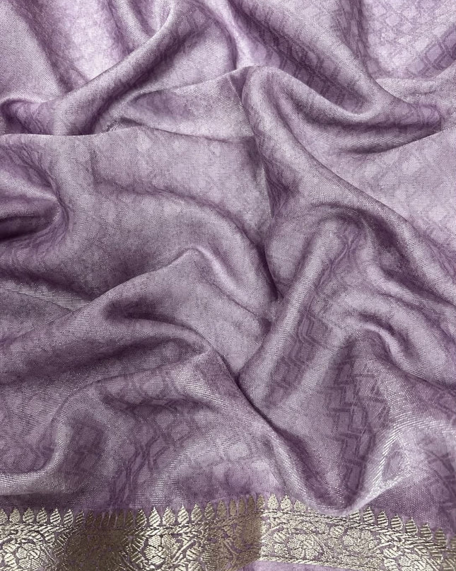 Mul Tissue Saree With Floral Print Small Kanchi Border- White & Lavender