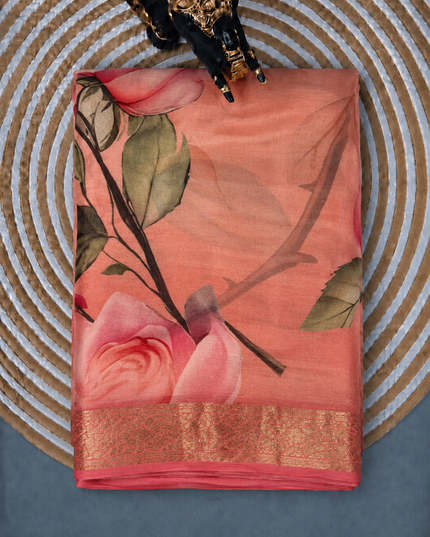 Georgette Saree with Floral Print and Golden Border - Light Pink