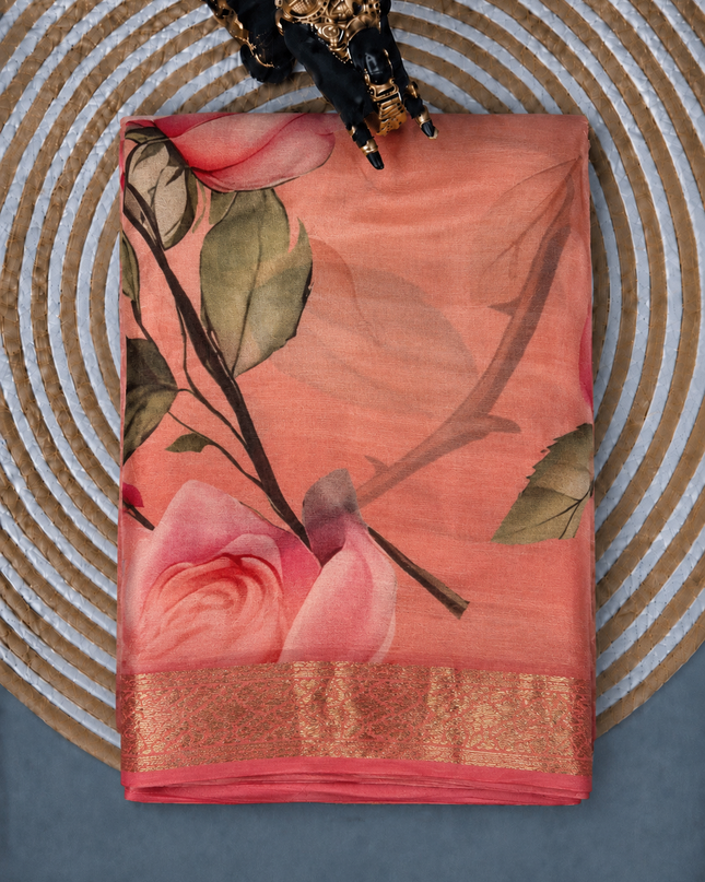 Georgette Saree with Floral Print and Golden Border - Light Pink