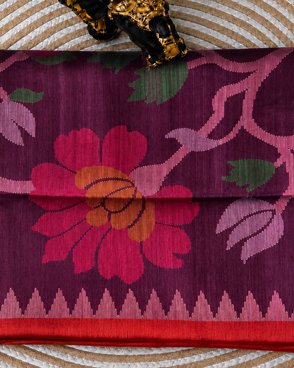 Tusser Jamdani Saree Weaving Butties  With Contrast Border- Purple