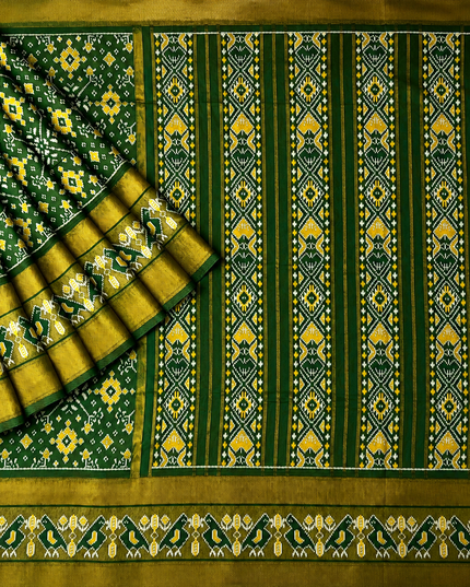 Ikkat Silk Saree with Kaddi  Border  -  Bottle Green