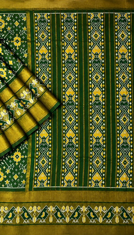 Ikkat Silk Saree with Kaddi  Border  -  Bottle Green
