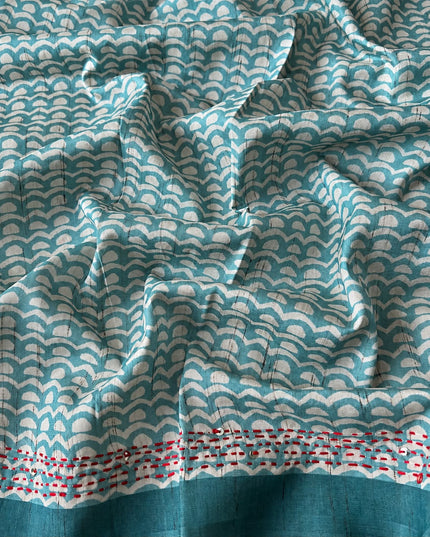 Tusser Saree with Floral and Peacock  Print with Kantha Work and contrast Border -  Tan & Green