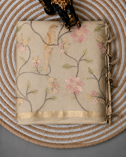 Chanderi Saree with Thread Embroidery Work and Contrast  Border-  Beige
