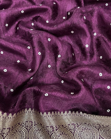 Tusser Silk Saree With Bhandni Print and Golden Border - Wine