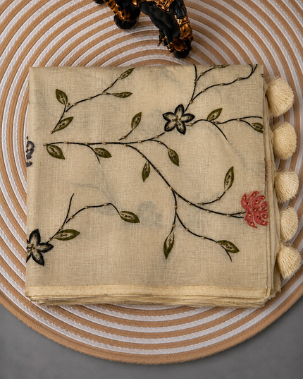 Linen Saree with Floral Print and Kardhana Work - Beige &  Orange