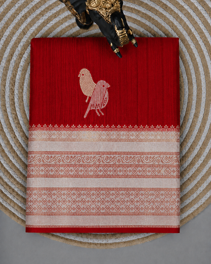 Raw silk sarees with Gold and Silver Zari Peacock design and Contrast border -Red