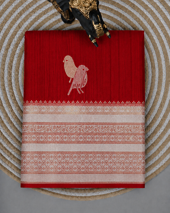 Raw silk sarees with Gold and Silver Zari Peacock design and Contrast border -Red