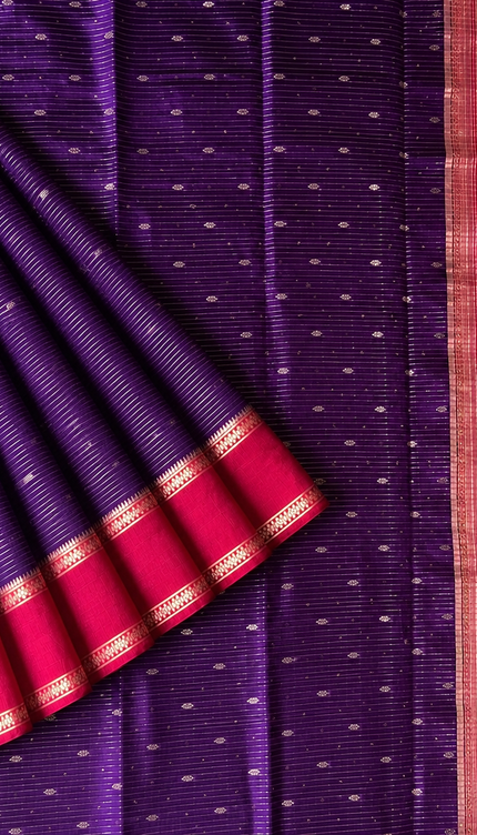 Munga Silk Saree With All over Oosi Design and Small Gold Butties  Contrast Border- Violet & Red