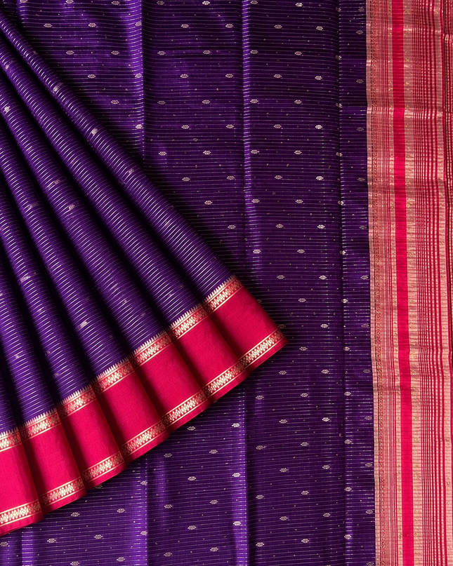 Munga Silk Saree With All over Oosi Design and Small Gold Butties  Contrast Border- Violet & Red
