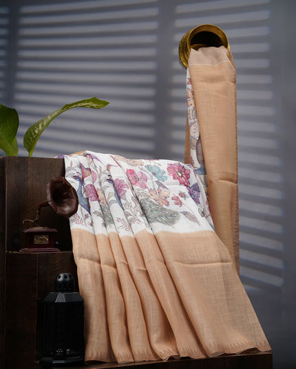 Linen Silk Saree With Floral Digital Print - M Yellow