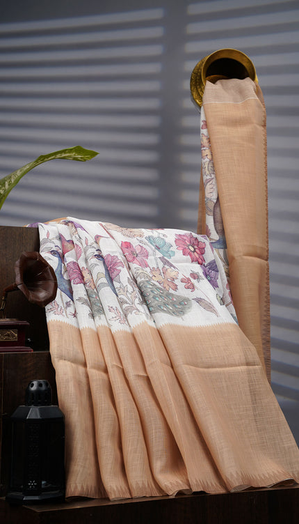 Linen Silk Saree With Floral Digital Print - M Yellow