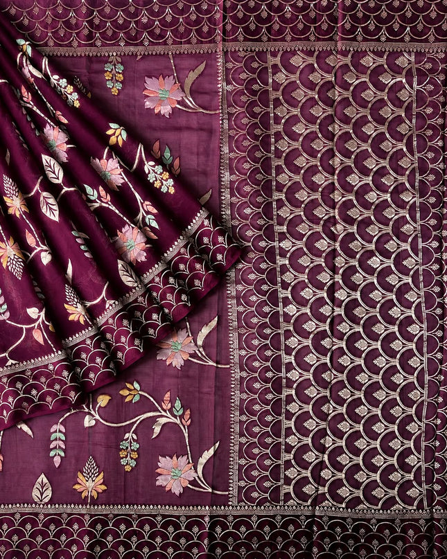 Kaddi Georgette saree with all over Floral Minakari Weaving  - Purple