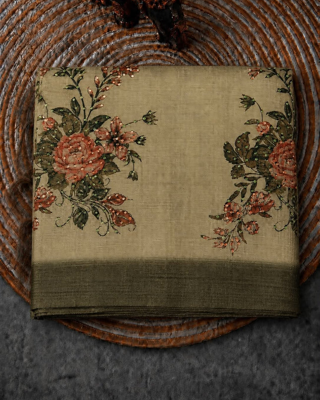 Kota Silk Saree with French Knot Work and Contrast Border  - Olive Green