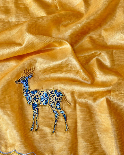 Soft  Orznga  Saree With Applique work and scallop Border-  Mustard