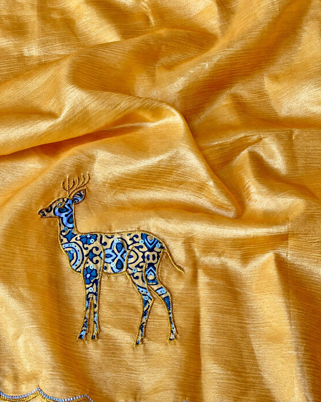 Soft  Orznga  Saree With Applique work and scallop Border-  Mustard