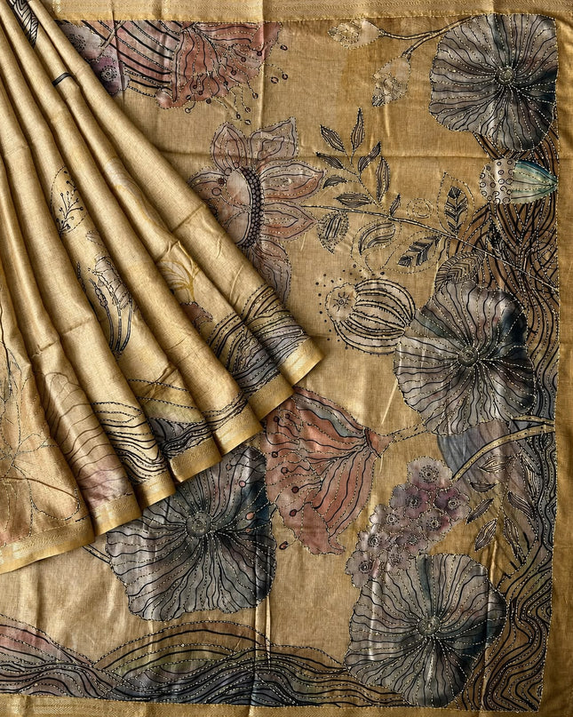 Tusser Silk Saree With Floral Print and Contrast Border - Mustrad