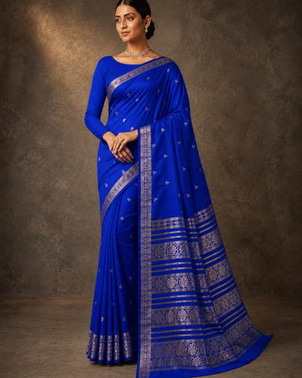 mysore silk sarees with golden zari Elephant design  Border - Royal Blue