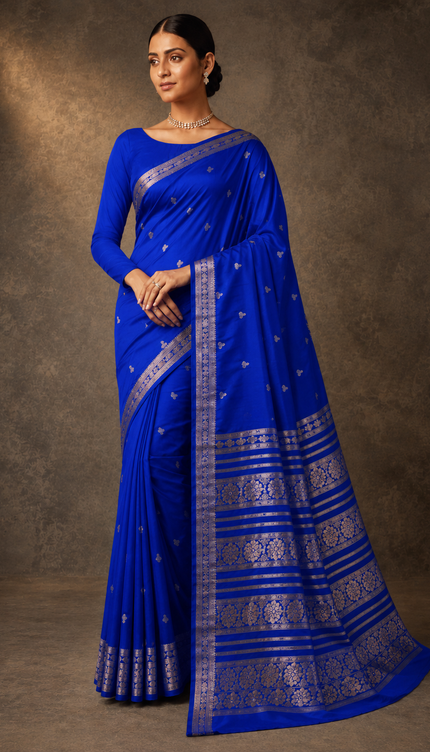 mysore silk sarees with golden zari Elephant design  Border - Royal Blue