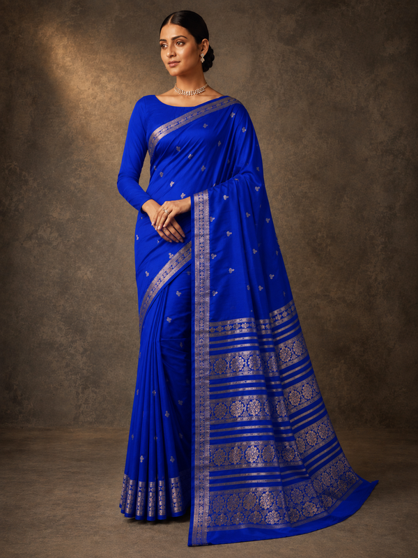 mysore silk sarees with golden zari Elephant design  Border - Royal Blue