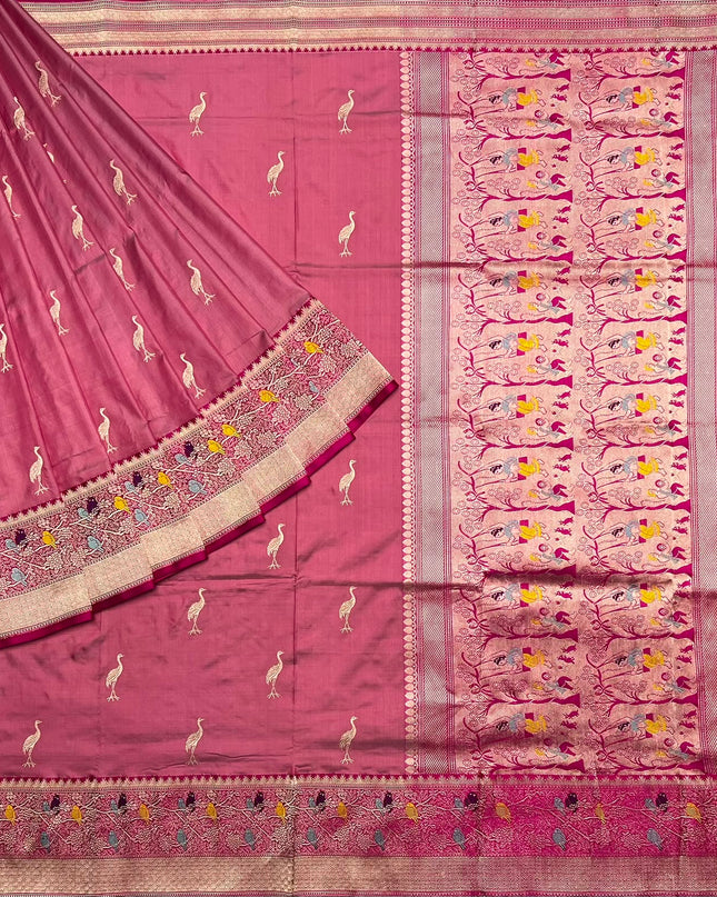 Kathan Silk Saree With All over Gold Zari Buttes and Golden Zari Weaving Border - Onion Pink
