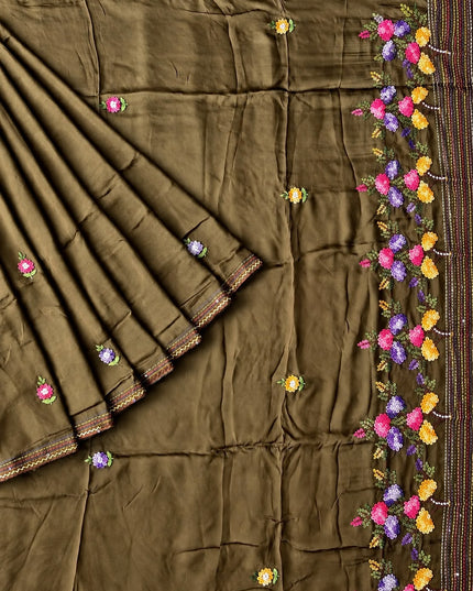 Russian Silk Saree with  Kantha Work - Brown