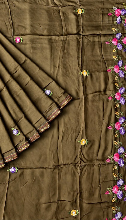 Russian Silk Saree with  Kantha Work - Brown