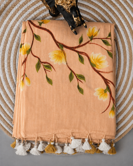 Mul cotton saree with Hand Painting  -  Peach