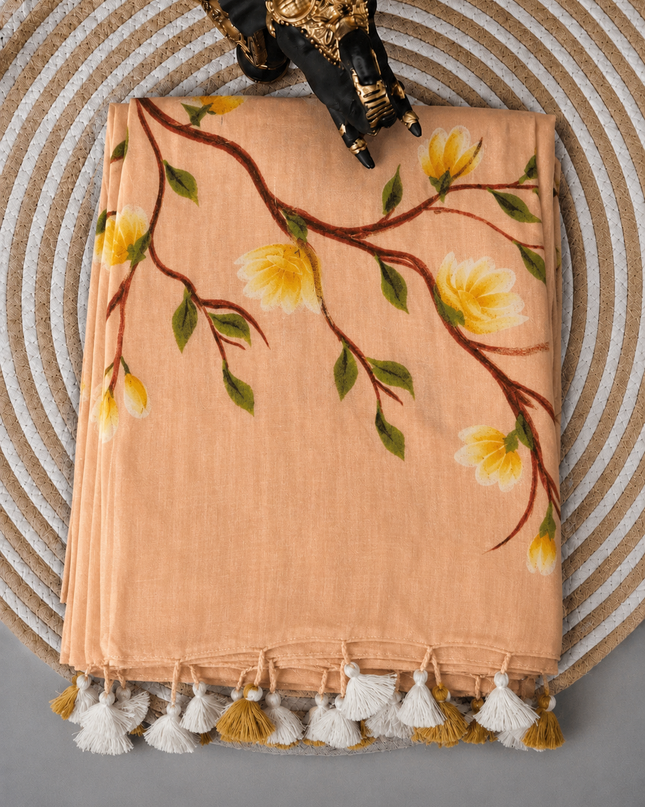 Mul cotton saree with Hand Painting  -  Peach