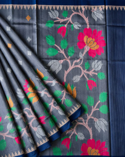 Tusser Jamdani Saree Weaving Butties  With Contrast Border-Grey