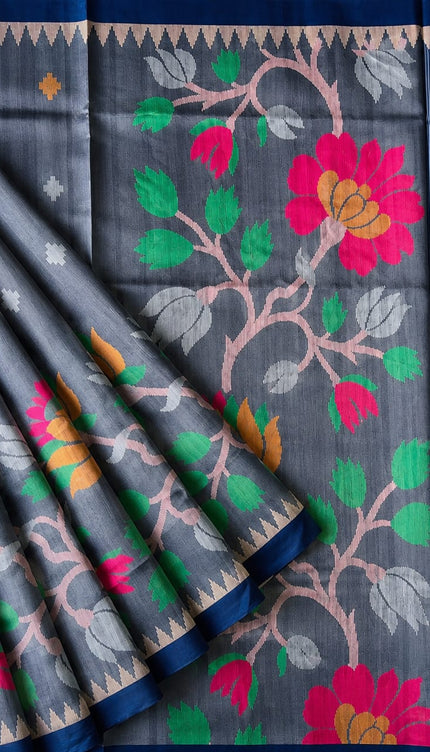 Tusser Jamdani Saree Weaving Butties  With Contrast Border-Grey