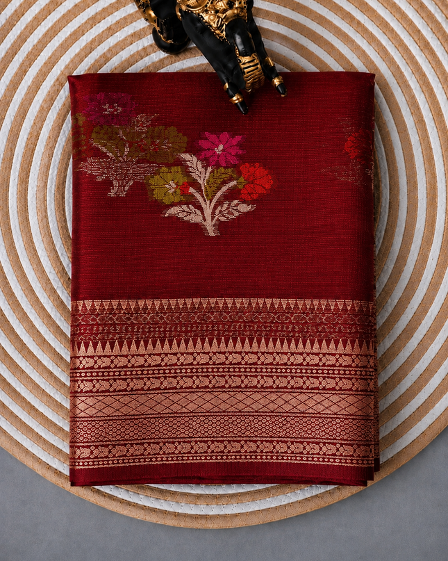 Kota Silk Saree with All over Thread Weaving Flower Butties and Golden Border - Maroon